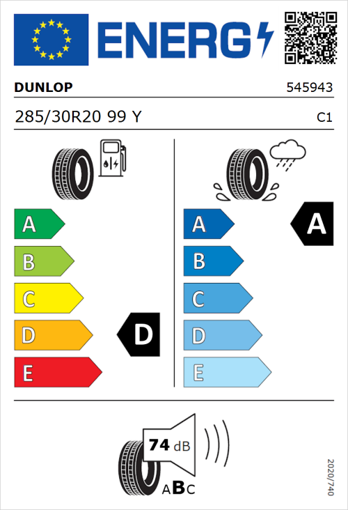 Tyre Label for Dunlop SP Sport Maxx 285/30R20 99Y
