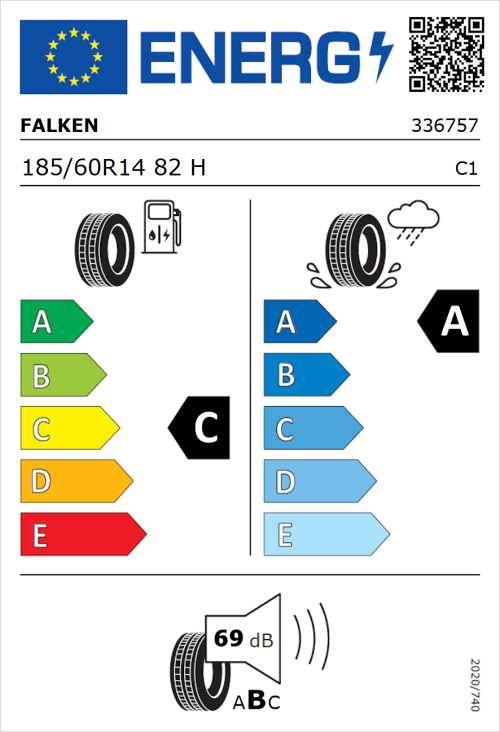 Tyre Label for Falken Sincera-SN110 185/60R14 82H