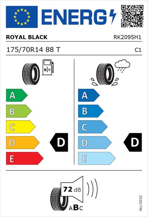 Tyre Label for Royal Black Royal Mile 175/70R14 88T