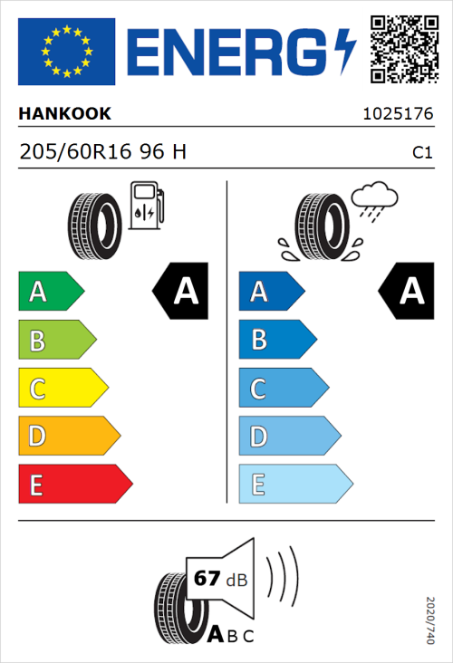 Tyre Label for Hankook Ventus Prime 3 K125 205/60R16 96H