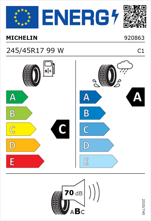 Tyre Label for Michelin Primacy 4+ 245/45R17 99W