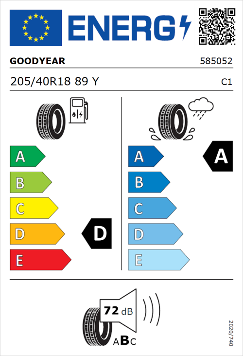 Tyre Label for Goodyear Eagle F1 SuperSport 205/40R18 89Y