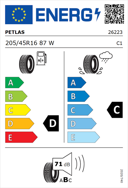 Tyre Label for Petlas Velox Sport PT741 205/45R16 87W