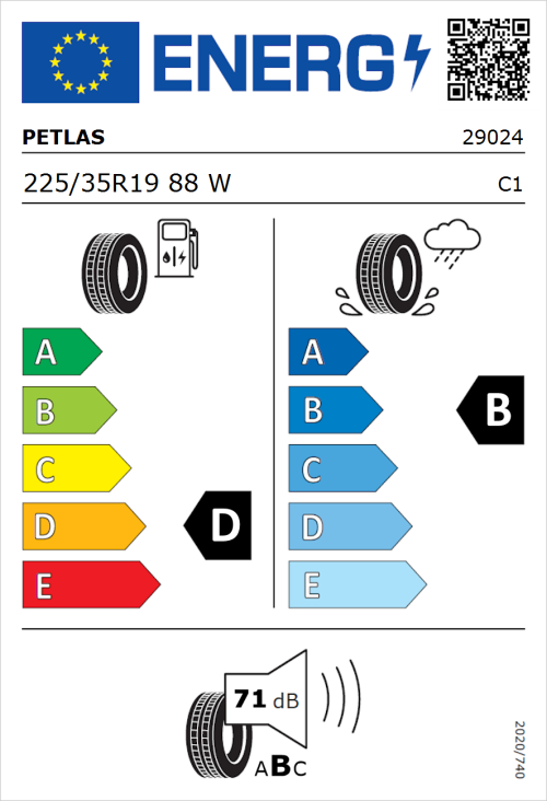 Tyre Label for Petlas Velox Sport PT741 225/35R19 88W