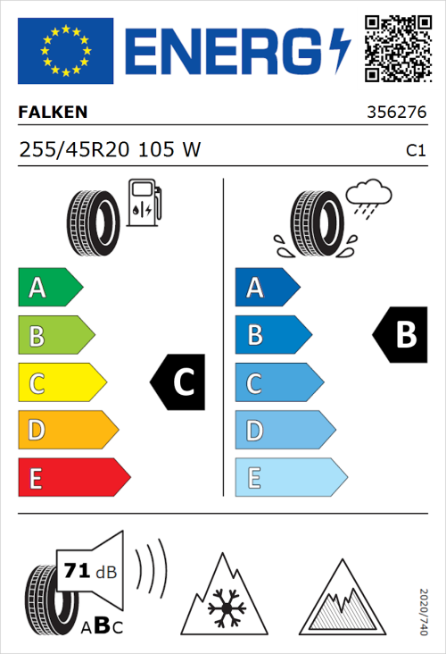 Tyre Label for Falken Euroall Season AS220 PRO 255/45R20 105W