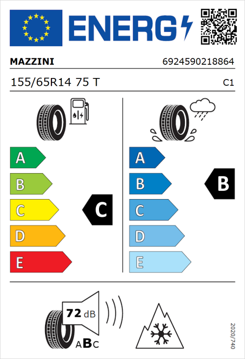 Tyre Label for Mazzini Versat-AS8 155/65R14 75T