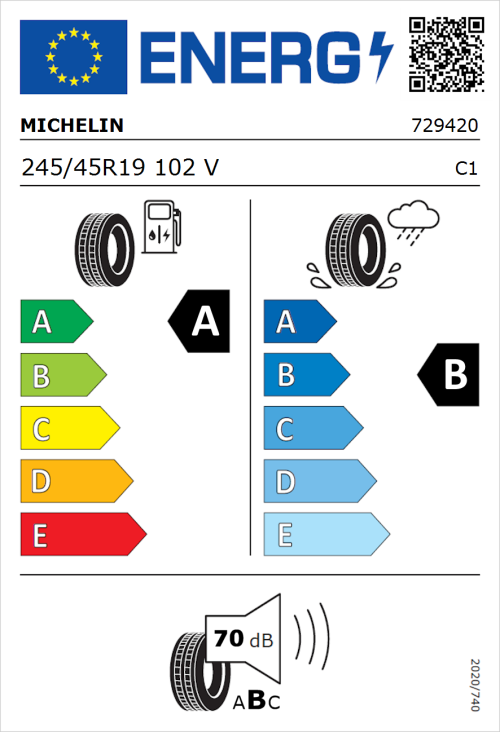 Tyre Label for Michelin e.primacy 245/45R19 102V
