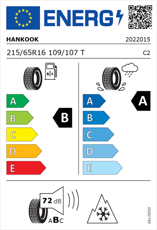 Tyre Label for Hankook Vantra Transit (RA58) 215/65R16 109/107T