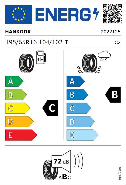 Tyre Label for Hankook Vantra Transit (RA58) 195/65R16 104/102T