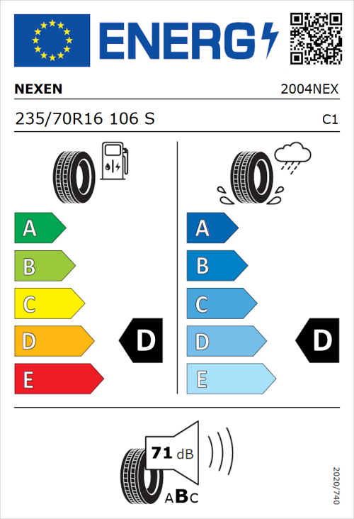 Tyre Label for Nexen ROADIAN HT 235/70R16 106S
